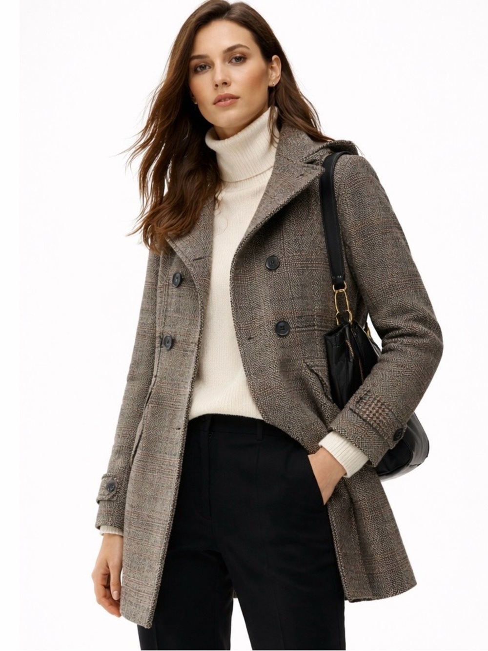 🍂 ZARA Hooded Double Breasted Plaid  Wool Coat
